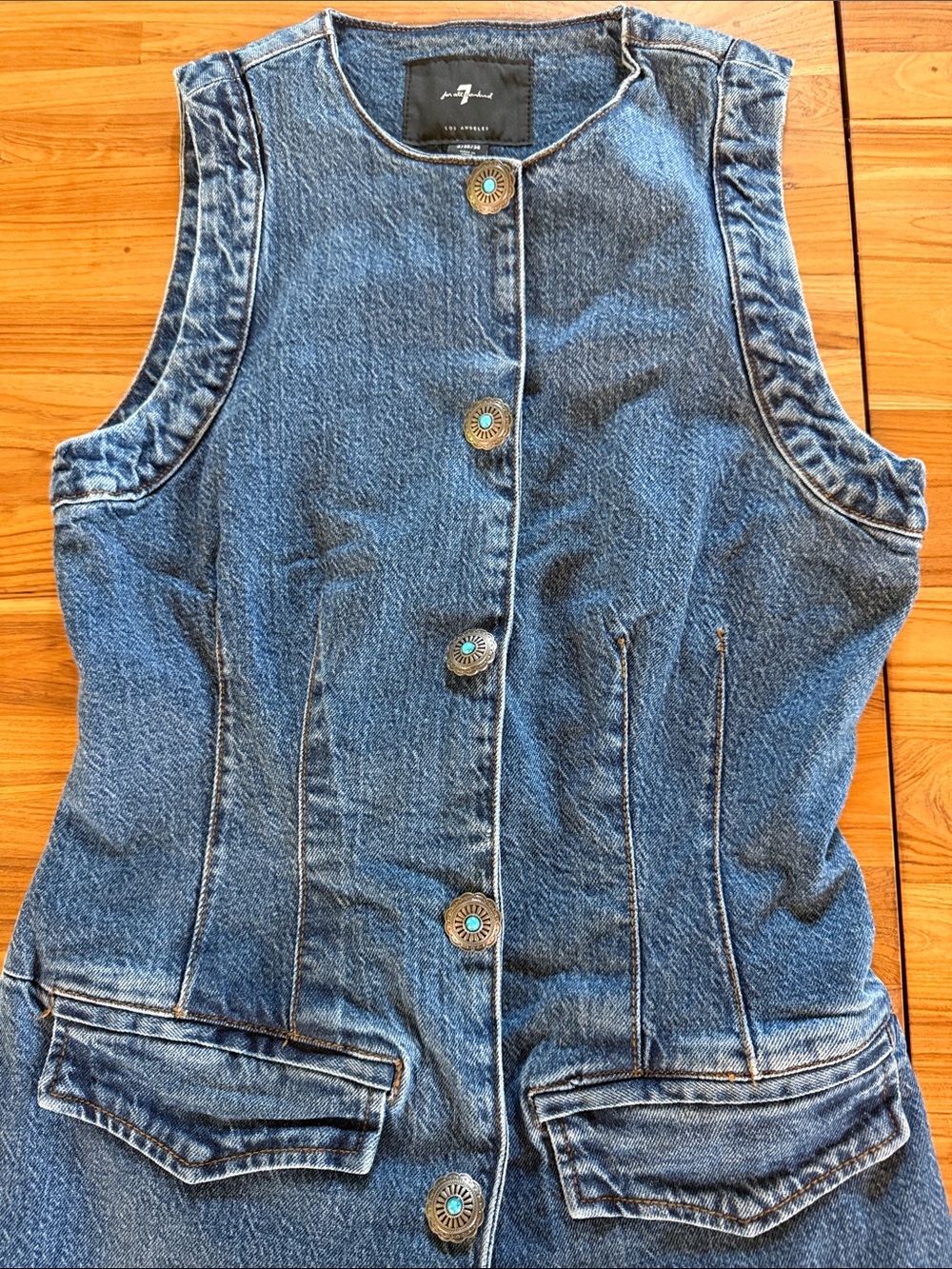 7 for all mankind denim sleeveless dress with pewter/faux turquoise button detai - Picture 2 of 3